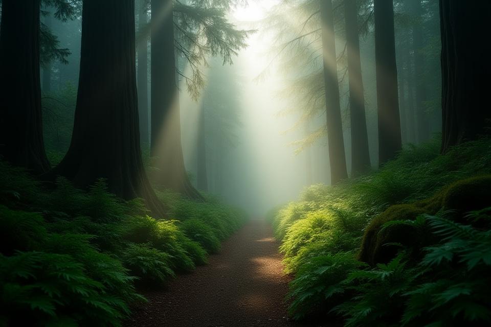 Misty Pacific Northwest forest trail with light breaking through the trees, evoking calm and introspection