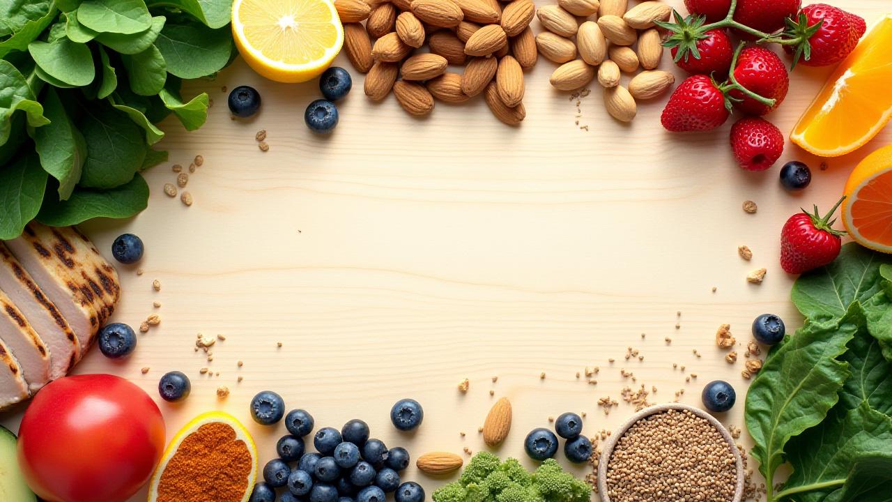 A vibrant flat-lay of colorful, healthy whole foods including fresh fruits, vegetables, nuts, and grains, artfully arranged on a light wooden table.