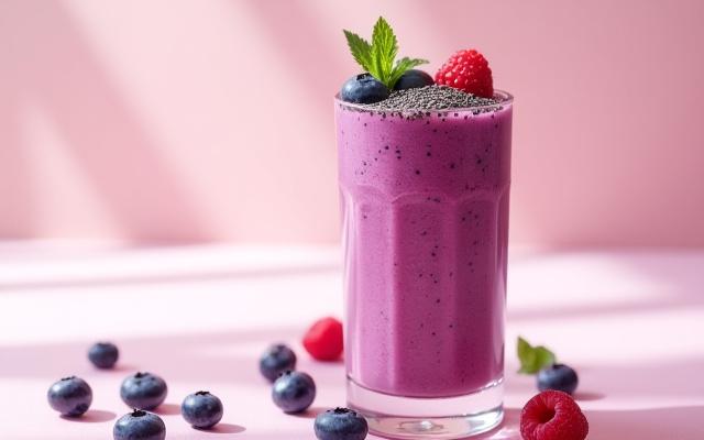 A vibrant purple berry smoothie in a glass, topped with chia seeds, fresh berries, and mint.