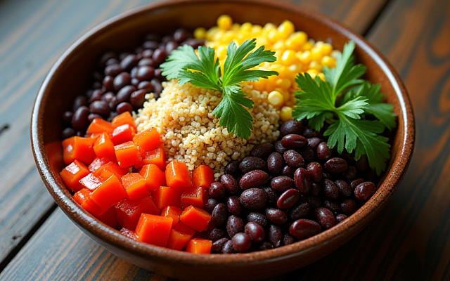 A colorful bowl of quinoa and black bean salad with corn, bell peppers, and cilantro.