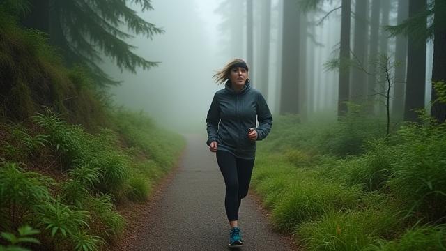 An adult enjoying a brisk walk on a scenic trail in the Pacific Northwest