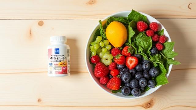 A vibrant bowl of fresh, healthy ingredients and supplements