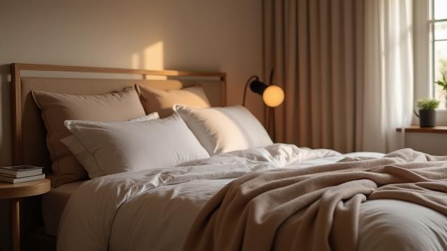 A serene bedroom with soft lighting and a weighted blanket draped over the bed